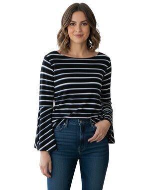 Chico's Travelers Collection Black White Blue Striped Bell-Sleeve Pullover Top